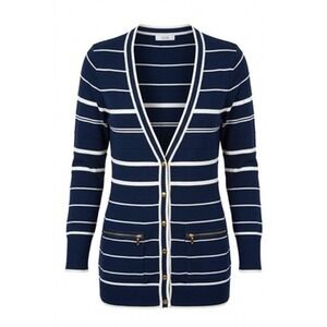 Y2K Cache Cardigan Sweater Women S Blue Stripe Gold Button Zip Pockets Nautical